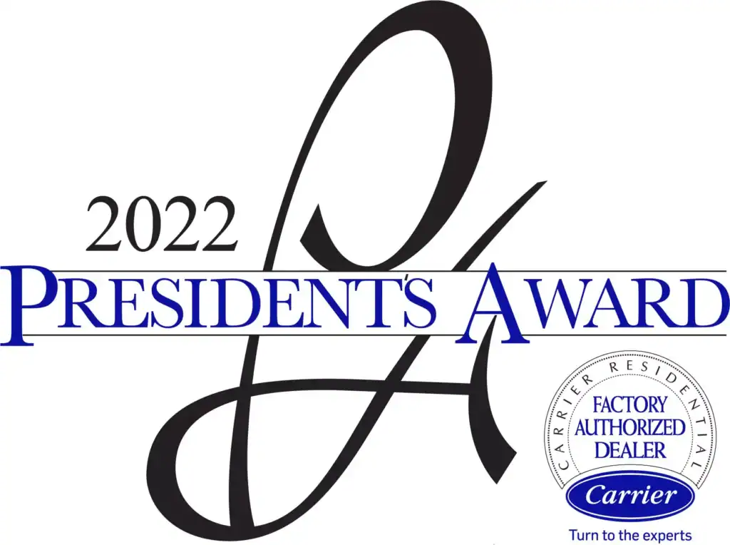 2022 President’s Award logo featuring a large stylized “P” and “A,” plus a Carrier Factory Authorized Dealer badge in the bottom right—showcasing our commitment to excellence. Learn more about us and our achievements.