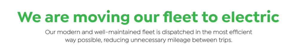 Text reads: "About us: We are moving our fleet to electric. Our modern and well-maintained fleet is dispatched efficiently, reducing unnecessary mileage between trips.