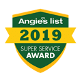 Angie's List 2019 Super Service Award badge, featured on our About Us page, displays green and yellow colors with bold white and yellow text.