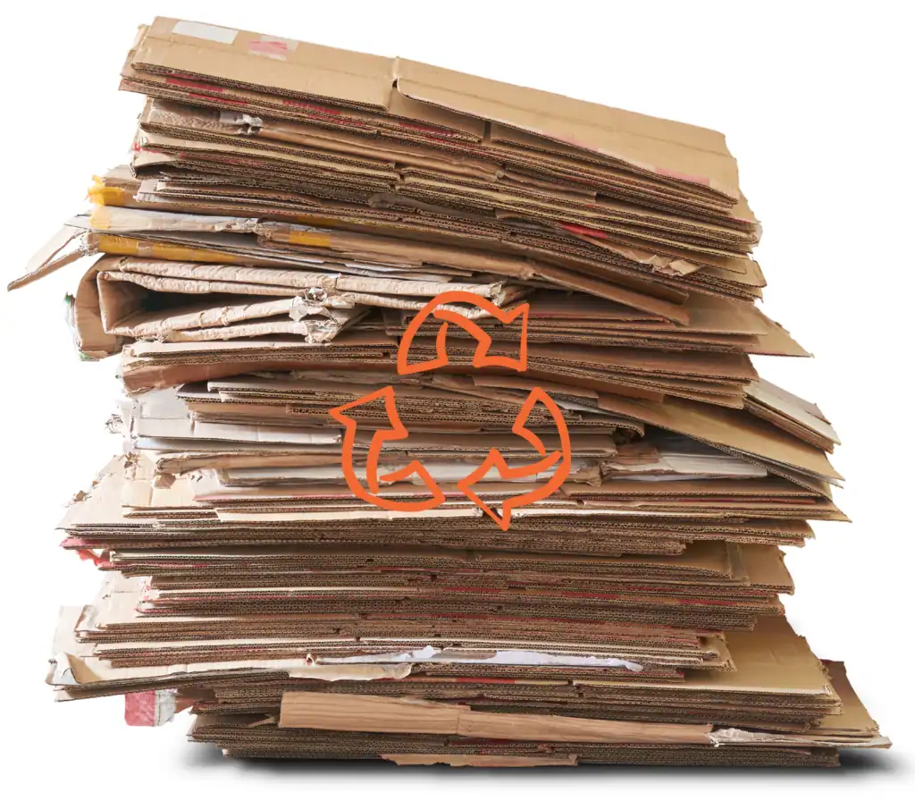 A stack of flattened cardboard boxes with a recycling symbol overlayed on top, highlighting recyclability—learn more about us and our commitment to sustainability.