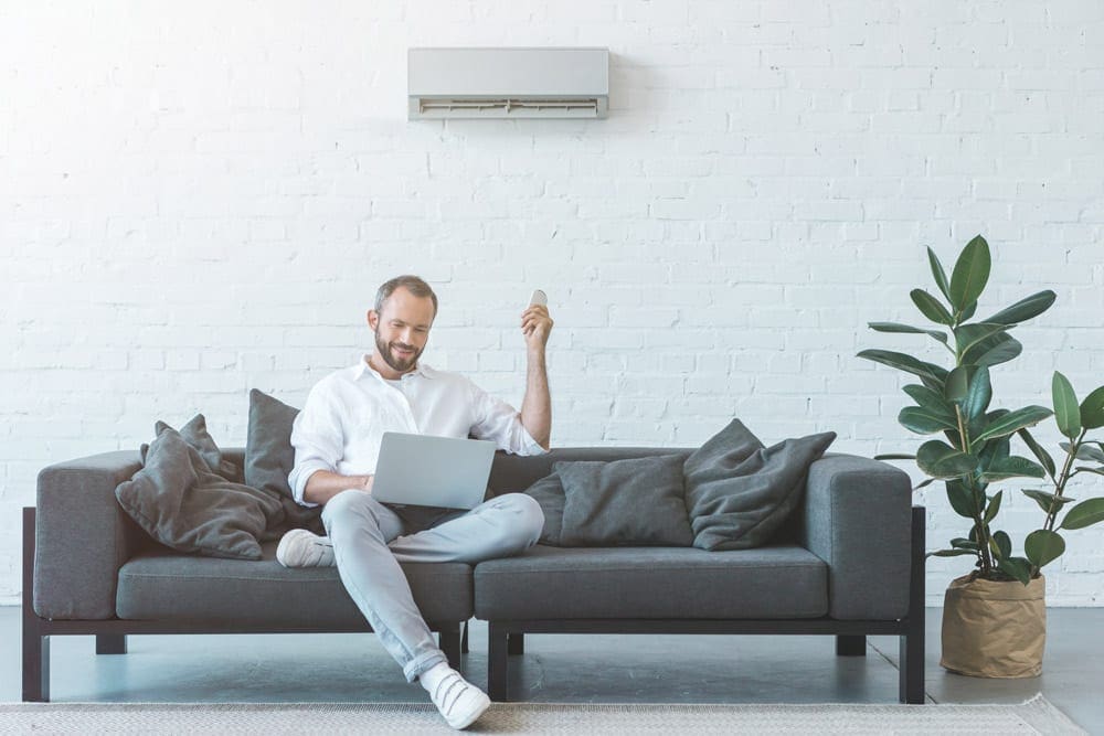 A man sits on a gray sofa with a laptop on his lap, holding a remote, while a potted plant and an air conditioner are nearby—enjoying summer indoors while trying to reduce air conditioning costs.