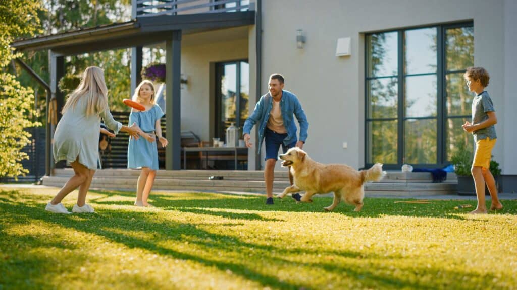 A family with two children and a dog play with a frisbee on the lawn in front of a modern house, where an advanced HVAC system helps alleviate seasonal allergies on this sunny day.