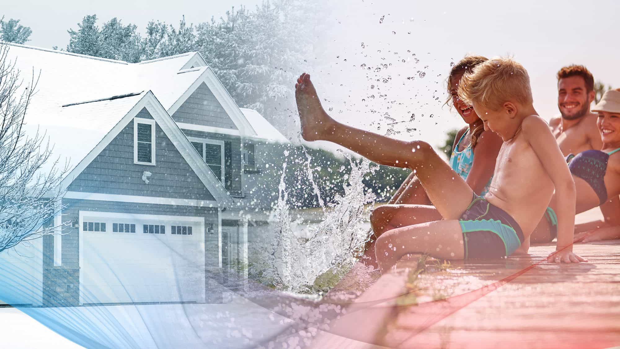 A snowy house in winter, complete with a winter checklist, transitions into a group of people in swimsuits splashing water on a sunny dock, depicting a change from home winterization to summer fun.