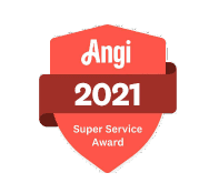 A red badge with the text "Angi 2021 Super Service Award" written on it.