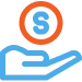 A blue hand icon holds an orange coin with a dollar sign in the center, symbolizing 24/7 emergency service and financial support whenever you need it.