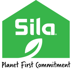 Green pentagon with the word "Sila" in white text above a white leaf graphic.
