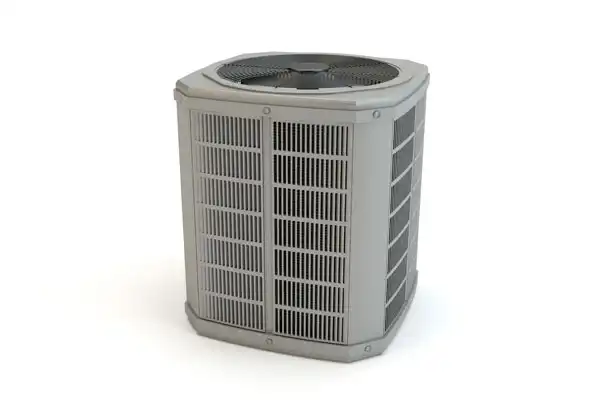 A gray, rectangular outdoor air conditioning unit with vented sides and a circular fan grille on top, shown against a plain white background—ideal for White Plains, NY homeowners needing air conditioning repair.