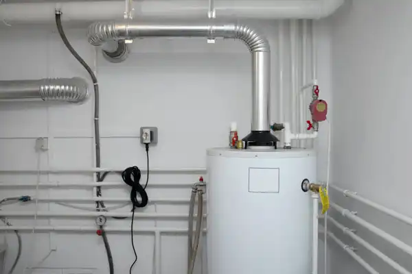 A water heater with connected metal pipes is installed in a utility room with white walls and exposed plumbing, adjacent to a recent furnace installation in White Plains, NY.