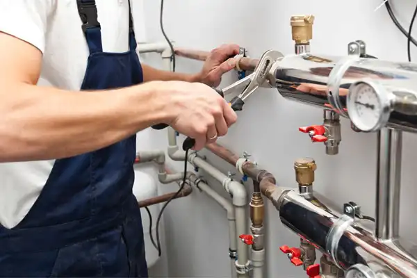 A person wearing overalls uses a wrench to adjust a valve on a system of metal pipes and gauges during heating maintenance in a utility room.