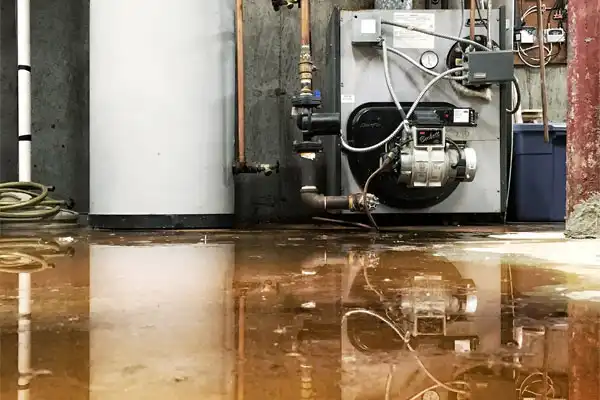 Flooded basement in White Plains, NY, with water pooling near the water heater and furnace—visible pipes and wiring suggest a need for urgent sump pump repair.
