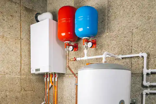 A home boiler system in White Plains, NY, featuring a white tank, two expansion vessels—one red, one blue—and connecting pipes mounted on a concrete wall. Ideal for reliable water heater installation.