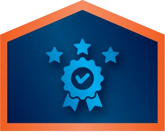 Blue award ribbon with check mark and three stars above, inside an orange-outlined house shape on a dark blue background.
