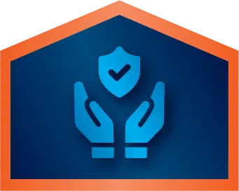 Blue icon of two hands holding a shield with a checkmark inside, set against a dark blue background with an orange border shaped like a house roof.