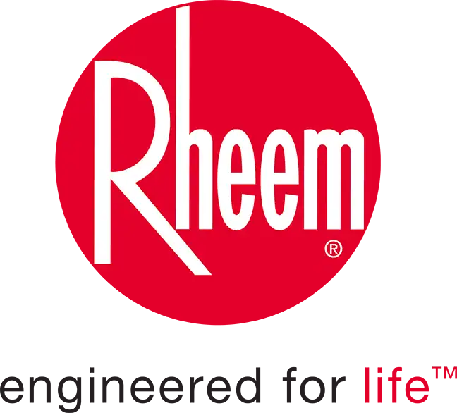 Rheem logo featuring the word "Rheem" in white letters on a red oval background.