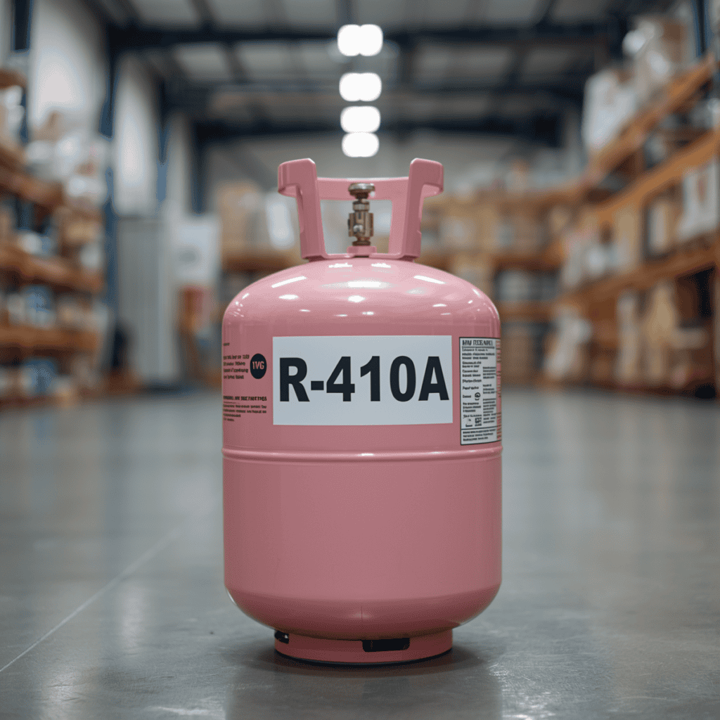 A pink R-410A refrigerant tank sits on the warehouse floor, with stocked shelves in the background—a reminder of the upcoming R-410A phase out in 2026.
