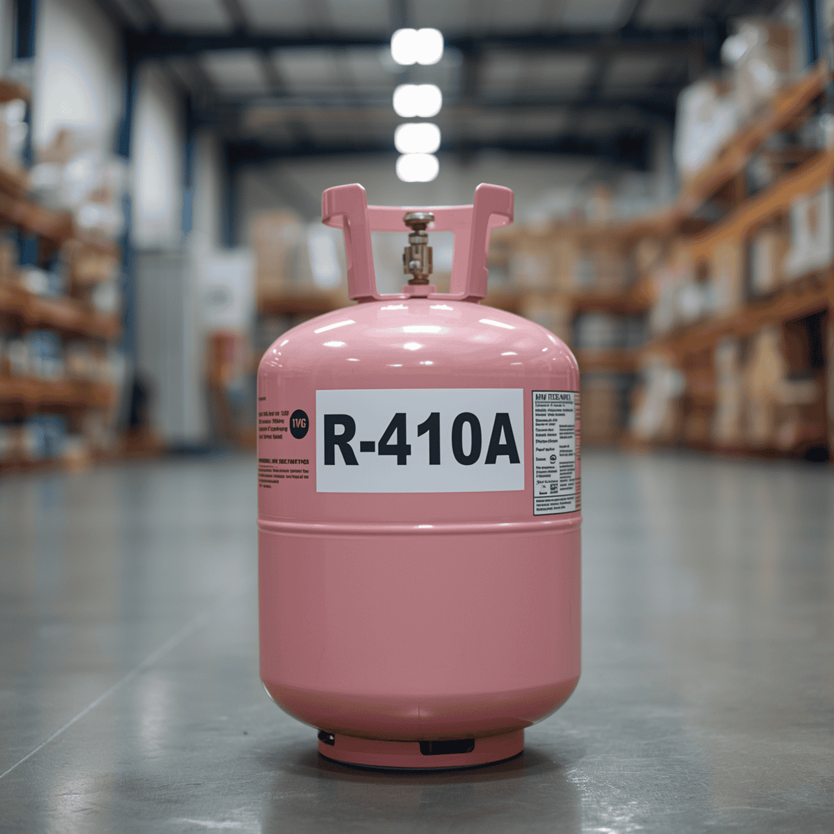 A pink R-410A refrigerant tank sits on the warehouse floor, with stocked shelves in the background—a reminder of the upcoming R-410A phase out in 2026.